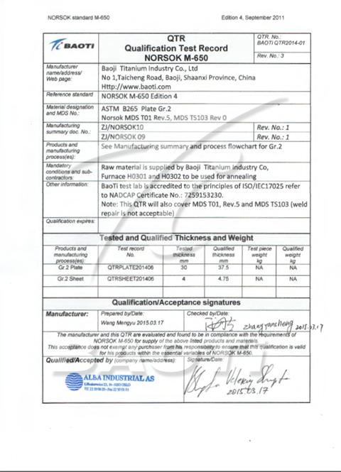 NORSOK certification about GR.2 plate & sheet