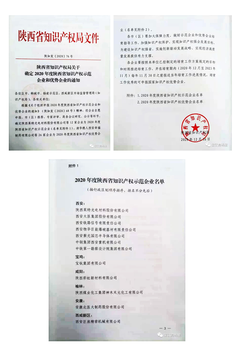 宝钛集团荣获陕西省知识产权示范企业称号